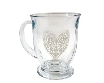 Celtic Heart Glass Coffee Mug: Free Personalization, 16oz Romantic Gift Coffee Cup