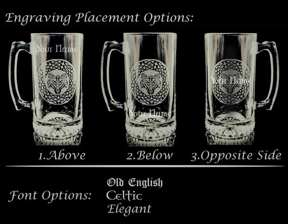 Jarra cerveza de cristal grabada con texto, dibujo, escudo, logo