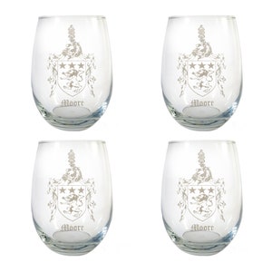 Moore Irish Coat of Arms Clear Stemless Wine Glass 18 oz Set of 4 - Free Personalized Engraving