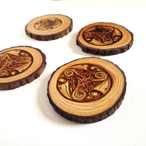 Celtic Triple Raven Triskelion Natural Wood Slice Coaster set of 4, Celtic Animal Design