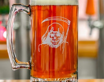 Grim Reaper  Large Glass Beer Stein, Free Engraved Personalization, 26 Ounce Mens Beer Mug