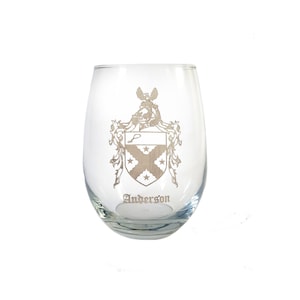 Anderson English Family Coat of Arms Clear Stemless Wine Glass 18 oz - Free Personalized Engraving