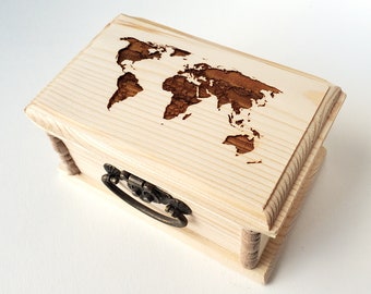 World Map Latched Wooden Box : Free Engraved Personalization, Custom Travel Momento