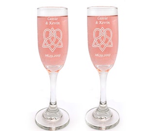 Celtic Love Knot Wedding Champagne Flute Set, His and Hers Toasting Glasses, Free Engraved Personalization