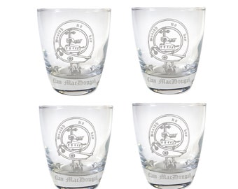 MacDougall Scottish Clan Crest Clear Lowball Rocks Glass 10oz Set of 4 - Free Personalized Engraving, Celtic Decor, Scottish Glass