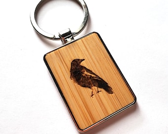 Rabe Personalisierte Keychain, Stahl und Holz Vogel Schlüsselanhänger Geschenk
