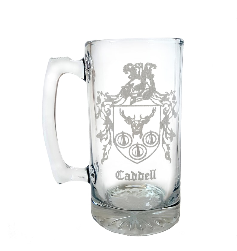 Custom Family Crest Glass Stein 26oz Engraved Coat of Arms Etsy