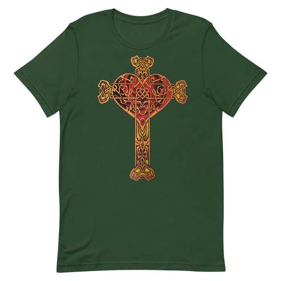 90s「Sacred Hearts Celtic Cross Shirts」 Celtic Cross Heart Unisex T-shirt, Irish Celtic Design, Red and