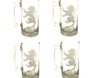 Lion Rampant Beer Stein Set of 4, Scottish Beer Glasses, Engraved Gift for Him, Christmas Gift for Dad, Groomsmen Gift