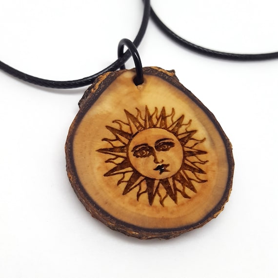 Sun Face Wooden Pendant Necklace 