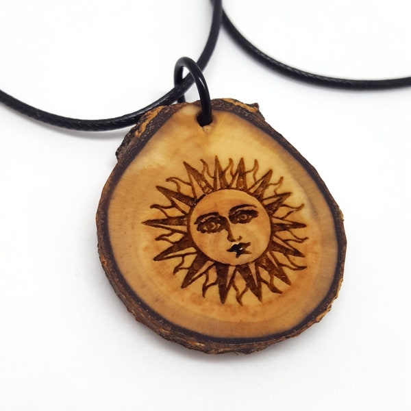 Sun Face Wooden Pendant Necklace, Celestial Natural Wood Round Necklace