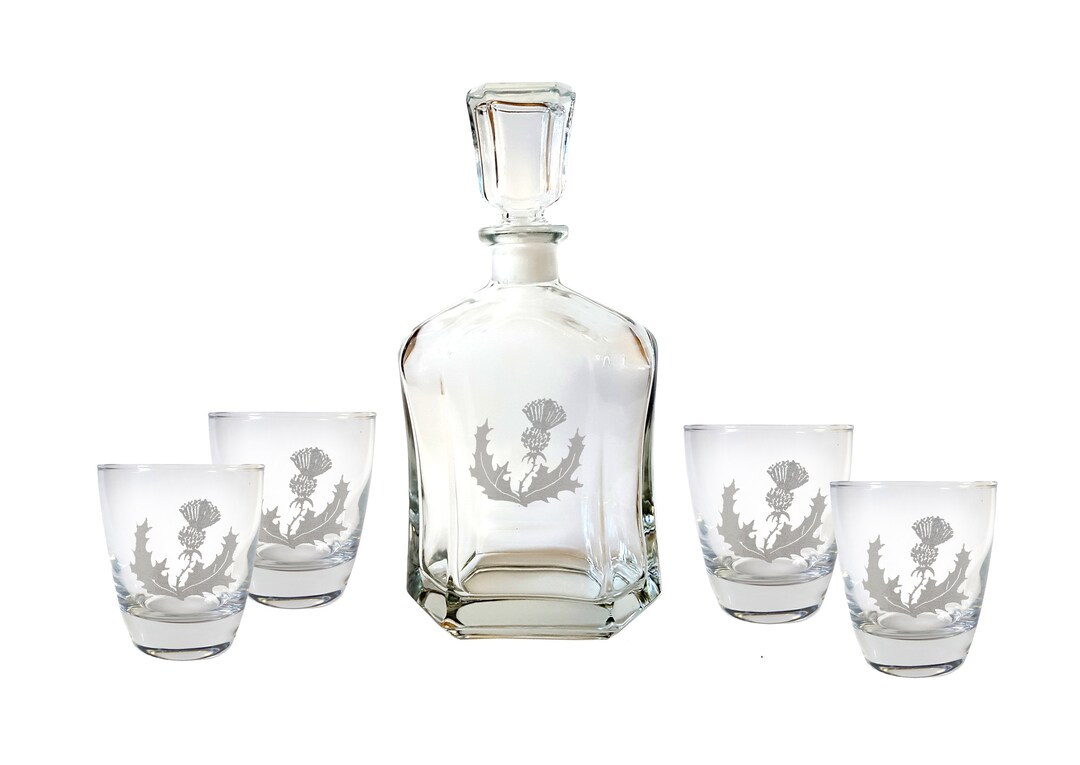 Scottish Thistle Glass Decanter & Rocks Glass Set, Free Personalized