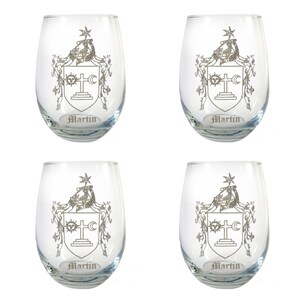 Martin Family Coat of Arms Clear Stemless Wine Glass 18 oz Set of 4 - Free Personalized Engraving