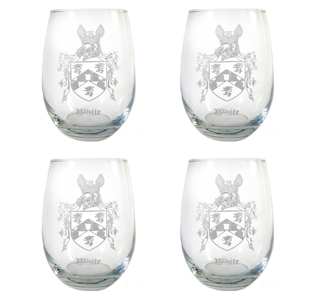 White English Family Coat of Arms Clear Stemless Wine Glass 18 Oz Set ...