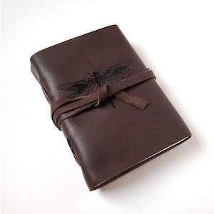 Dragonfly Leather Journal, Free Personalization 5&quot; x 7&quot; Blank Buffalo Leather Journal With Unlined Paper