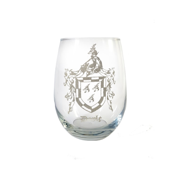 Free Personalized Engraving Doyle Family Coat of Arms Clear Stemless Wine Glass 18 oz