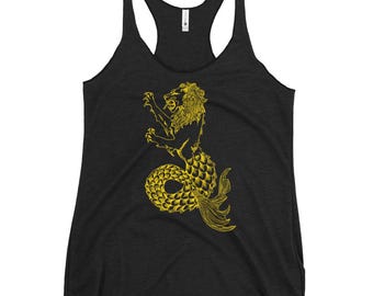 Golden Merlion Women's Racerback Tank Top, Lion Mermaid Mythology Creature, Heraldic Sealion