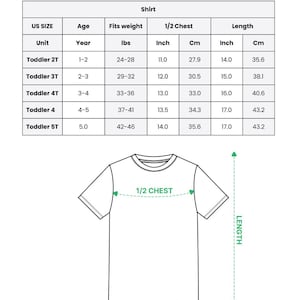 May include: A size chart for an all-over print kid soccer jersey shirt. The chart displays US sizes from 2T to 5T with corresponding age, weight in lbs, and 1/2 chest and length measurements in inches and cm. A line drawing of a t-shirt is included.