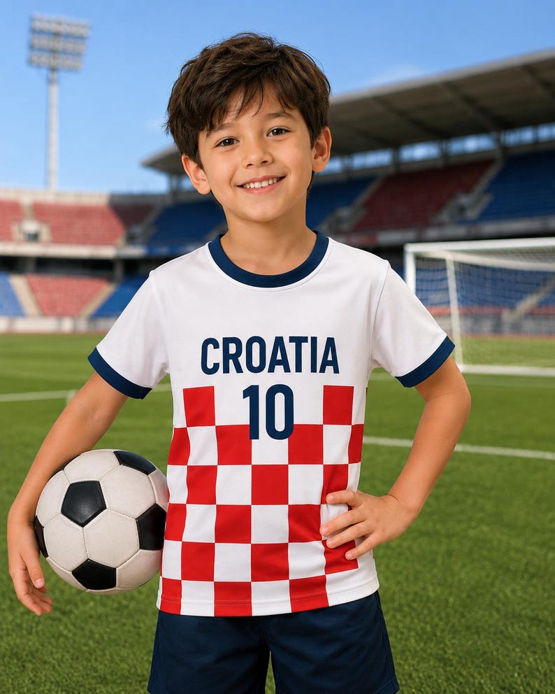May include: A white short-sleeved football shirt with a red and white chequered pattern on the lower half, featuring the text CROATIA and the number 10 in dark blue, paired with dark blue shorts and a black and white football.
