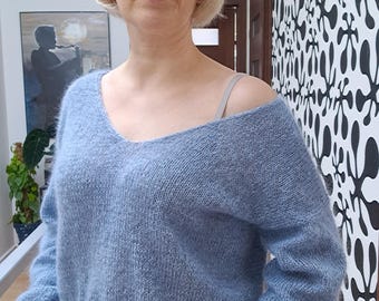 Jersey de mohair tejido a mano: gris azulado jaspeado, beige