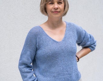 Maglione in mohair lavorato a mano: mélange grigio-blu, beige