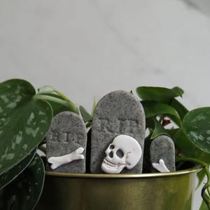 May include: A Halloween-themed arrangement featuring three gray tombstone decorations with the letters "RIP" and a skull. The decorations are placed in a gold-colored pot with green leafy plants, creating a spooky yet decorative display.
