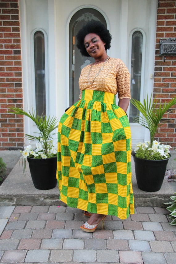 Green & Yellow Skirt, Long Skirt, High Waist Skirt, Patterned Skirt,  African Print Skirt ,skirt With Pocket -  Australia