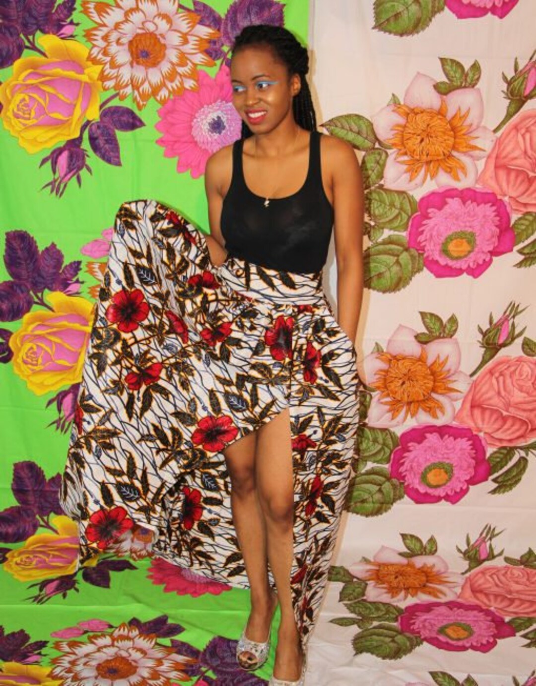 White Flower Print High Waist Slit Skirt, Long Skirt, White