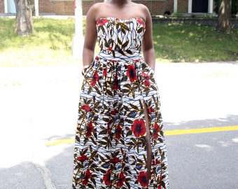 Afrikanisches Print Kleid, Buntes Kleid, Taschen, Bustier Kleid, Print Kleid, Blumendruck Kleid, Kleid mit Tasche