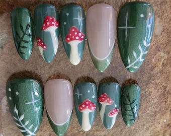 Forest Fae Press-On Nails | Hand-Painted Mushroom Nail Kit | Reusable Woodland Nails | Midnight Mist