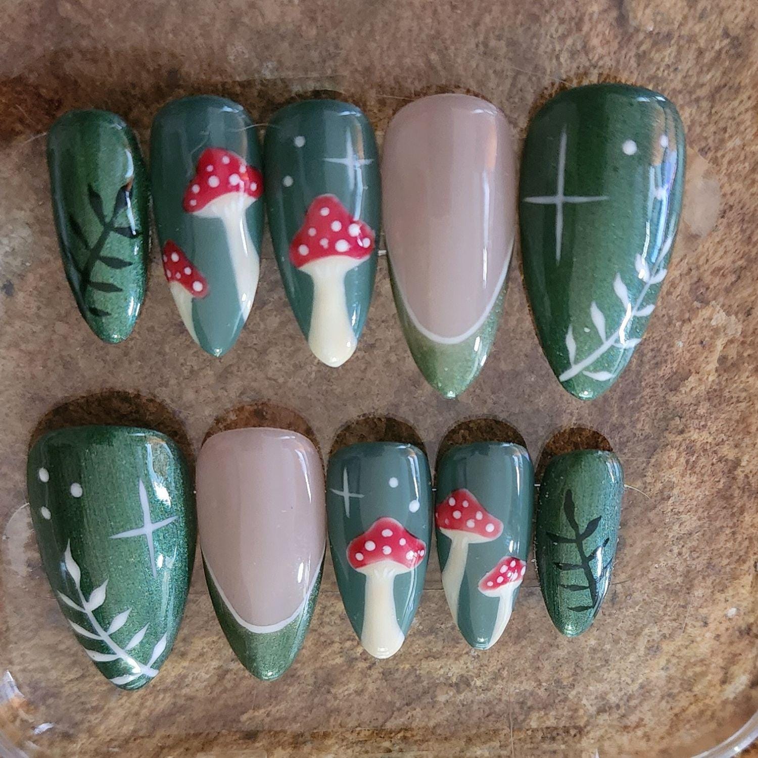 Forest Fae Press-On Nails Hand-Painted Mushroom Nail Kit Reusable Woodland Nails Midnight Mist
