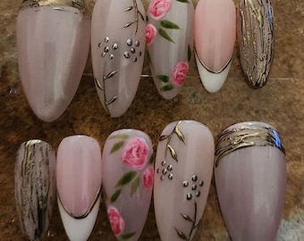 Hand-Painted Rose Press-On Nails: Midnight Mist Wedding Nail Kit