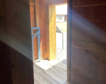 May include: Interior shot of a wooden structure with an open doorway. Sunlight streams through the opening, illuminating the wooden floor and door frame. A glimpse of the outside world is visible through the doorway.