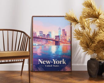 May include: A framed art print featuring a colorful illustration of the New York City skyline at dusk, with the Brooklyn Bridge in the foreground. The print includes the text "New-York" and "United-States".