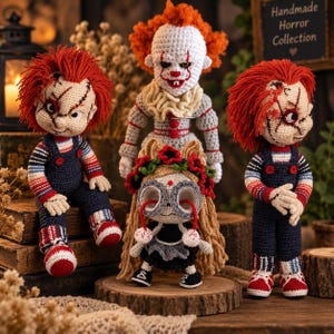 May include: Three handmade crochet dolls featuring two figures with red yarn hair in blue overalls and striped shirts, one clown figure with orange hair and a ruffled collar, and one small figure with long tan hair and a floral crown.