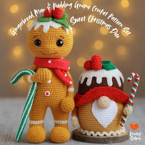 May include: A crocheted Gingerbread Man and Pudding Gnome duo. The Gingerbread Man is yellow with a red scarf and candy cane. The Pudding Gnome is brown with a red scarf and candy cane. The text reads "Gingerbread Man & Pudding Gnome Crochet Pattern Set Sweet Christmas Duo."