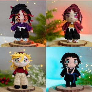 May include: Four handmade crochet dolls featuring distinct character designs. The top left doll has six eyes and black hair with red tips. The top right doll has burgundy hair. The bottom left doll has blonde hair. The bottom right doll has black hair.