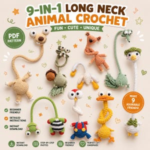 Peut inclure: Un modèle PDF de crochet 9-en-1 pour animaux à long cou présentant neuf créatures rembourrées distinctes avec des cous allongés, incluant divers animaux dans des tons de beige, vert, orange, blanc, jaune et bleu, avec le texte 9-IN-1 LONG NECK ANIMAL CROCHET.