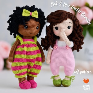 May include: Two handmade crochet dolls. One doll has black hair and wears a pink and lime green striped jumpsuit. The other doll has brown hair and wears a pink jumpsuit. The text "Pink & Lime Crochet Beauties" and "pdf pattern" are visible.