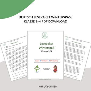 May include: Educational worksheets for German language learning, titled "DEUTSCH LESEPAKET WINTERSPASS" and "Lesepaket Winterspaß" for grades 3-4. The image shows various exercises, including word searches and reading comprehension, with solutions provided.