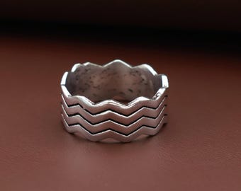 Vintage Silver Wave Ring | Bold Geometric Band Ring for Men & Women | Textured Ring | Handmade Boho Silver Jewelry Gift