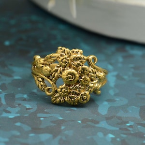 Vintage Floral Messing Ring, antike Blume Ring, Boho Natur Schmuck, handgemachte Messing Ring, offene Bandring, Statement Blumengeschenk Bild 2