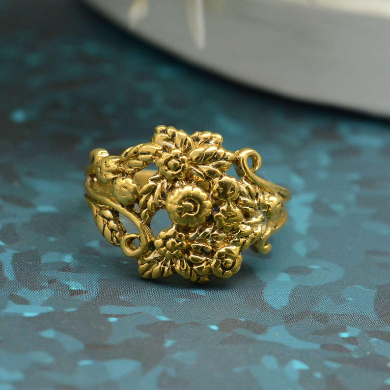 Vintage Floral Messing Ring, antike Blume Ring, Boho Natur Schmuck, handgemachte Messing Ring, offene Bandring, Statement Blumengeschenk Bild 2