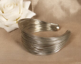 Silver Tone Wire Wrapped Cuff Bracelet | Adjustable Multiline Bangle | Wide Statement Wrist Cuff | Minimalist Bohemian Jewelry Gift