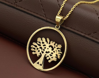 Gold Tree of Life Necklace, Round Family Tree Pendant, Personalized Gift, Spiritual Jewelry, Celestial Charm, Custom Engraving Option