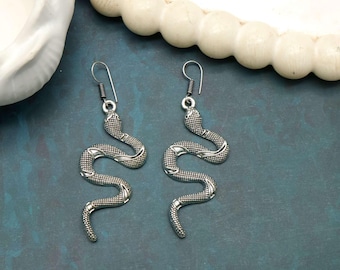 Silver Tone Snake Dangle Earrings | Gothic Serpent Statement Jewelry | Wavy Brass Animal Earrings | Unique Boho Gift for Her