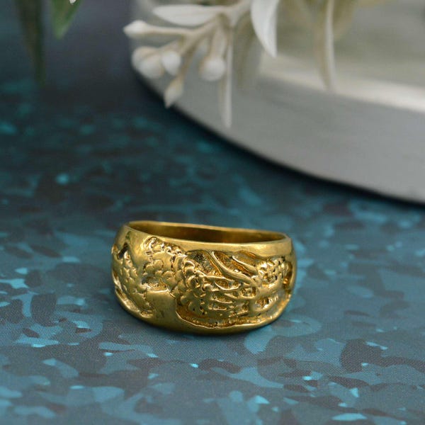 Drachen Gravierter Messing Ring, Vintage Drachen Band Ring, Handgemachter Breiter Messing Ring, Mythischer Drachen Schmuck, Boho Statement Ring, Unisex Geschenk