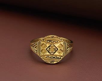Antiker Krieger Messing Ring | Geometrisches Muster | Messing Erbs Ring | Tribal Geometrische Herren Signet | Handarbeit aus der indischen Kulturerbe