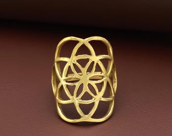 Flower of Life Brass Ring | Sacred Geometry Gold Ring | Handmade Spiritual Jewelry for Women & Men | Boho Meditation Gift