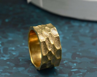 Gehämmerter Honigwaben Messingring, Strukturierter Bandring, Handgemachter Rustikaler Statement Ring, Klobiger Ring, Minimalistischer Schmuck, Unisex Geschenk